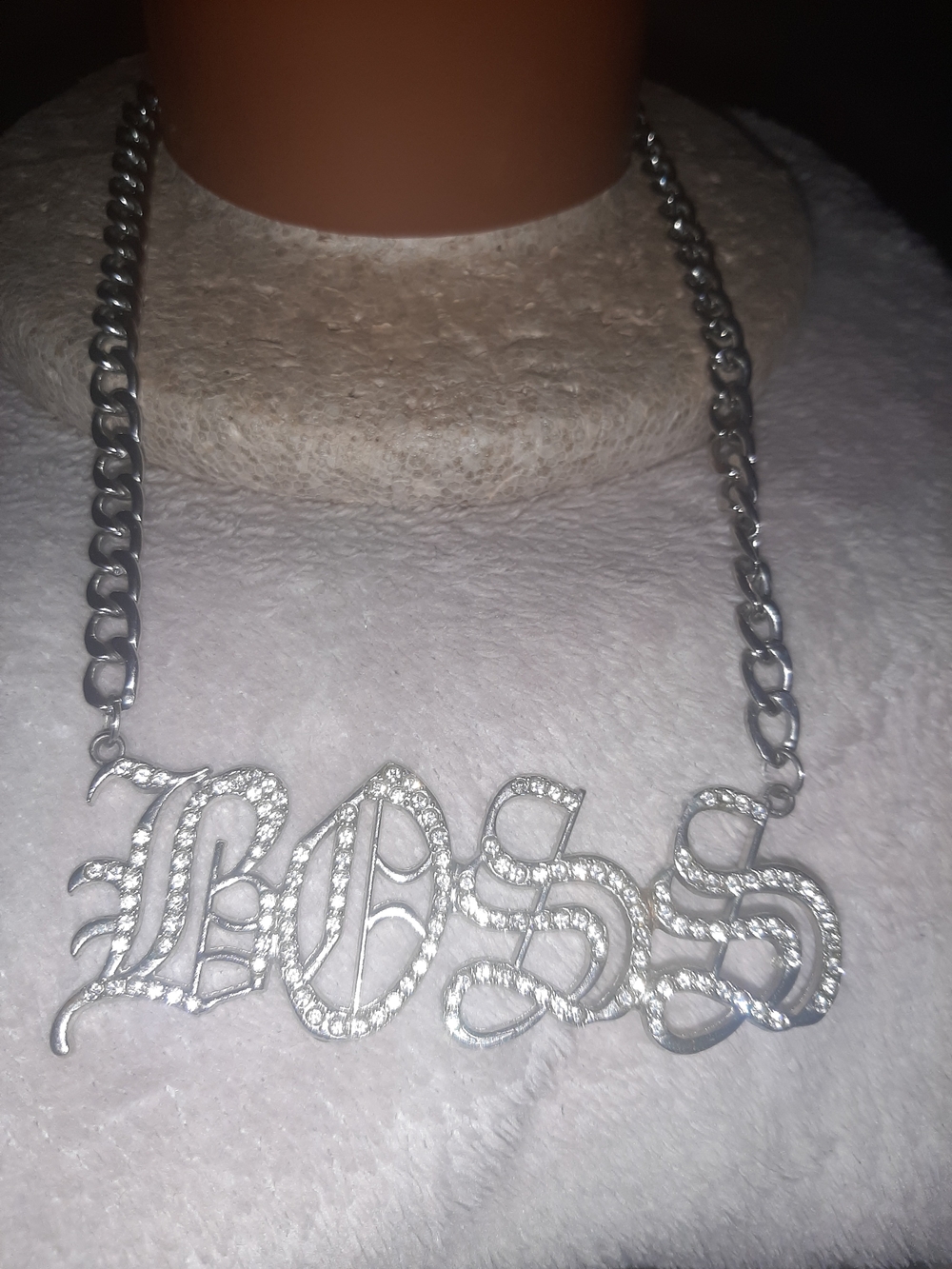 Silver 'BOSS' Crystal Nameplate Necklace